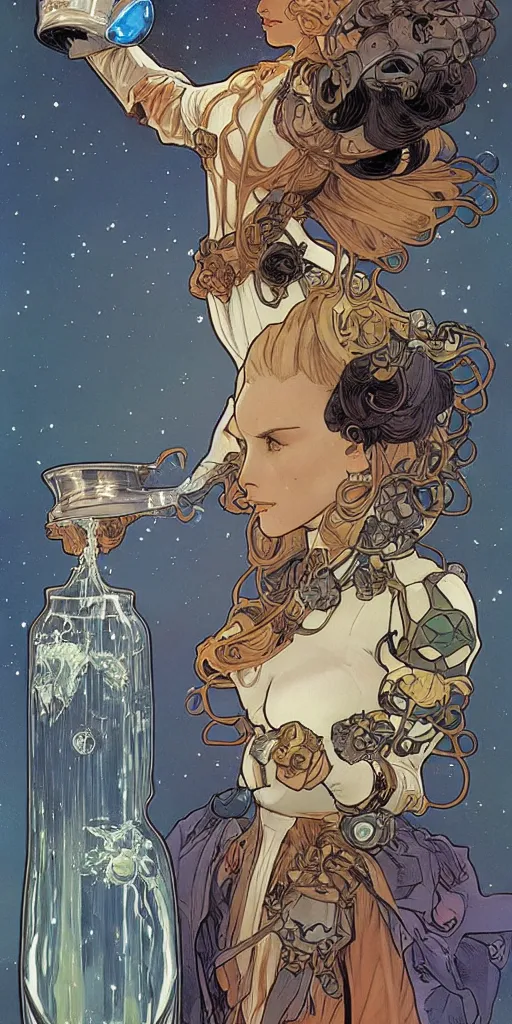 Image similar to a woman wearing outer space as a dress, pouring water from a vase into the milky way, by travis charest, by alphonse mucha, battle chasers.