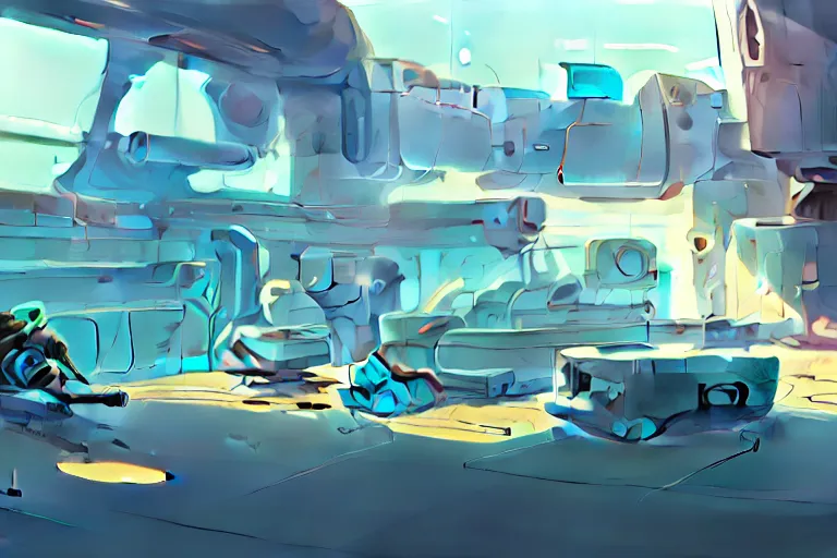 Image similar to spaceship repair yard, cory loftis, james gilleard, atey ghailan, makoto shinkai, goro fujita, studio ghibli, rim light, exquisite lighting, clear focus, very coherent, plain background, soft painting