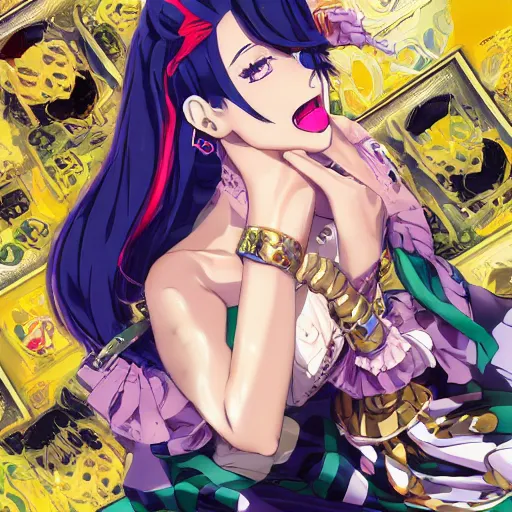 Image similar to Magazine Cover Anime key visual of a Gucci girl; official media; typography; drawn by Hirohiko Araki; Jojo's Bizarre Adventure; Jojolion, portrait, made by Stanley Artgerm Lau, WLOP, Rossdraws, James Jean, Andrei Riabovitchev, Marc Simonetti, Yoshitaka Amano, ArtStation