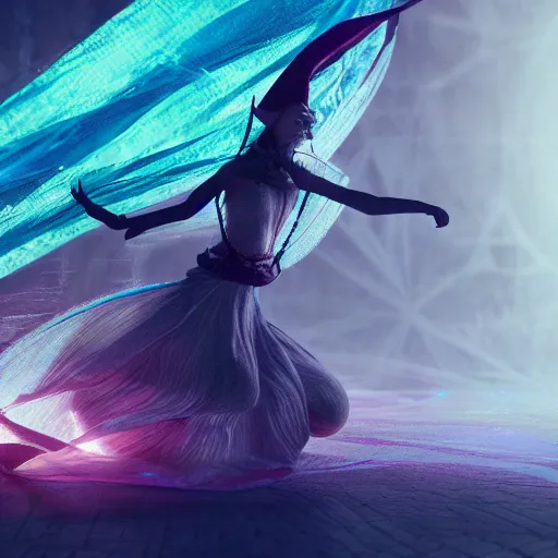 Prompt: an elf spinning around, magic, flowing fabric, digital art, octane render, 4k, 8k, 32k uhd