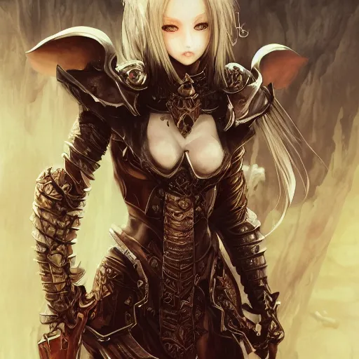 Image similar to beautiful portrait of a demon knightess, color page, 4 k, tone mapping, doll, akihiko yoshida, james jean, andrei riabovitchev, marc simonetti, yoshitaka amano, digital illustration, long straight hair