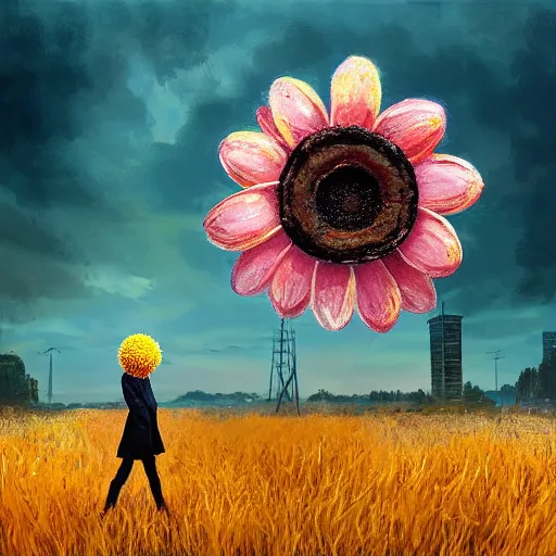 Image similar to giant daisy flower head, frontal, girl in a suit standing on street, surreal photography, sunrise, dramatic light, impressionist painting, digital painting, artstation, simon stalenhag