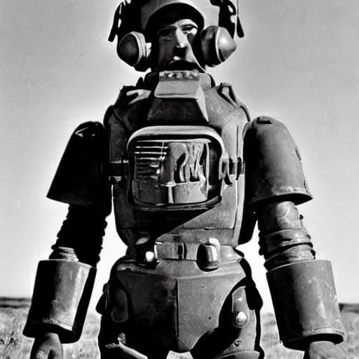 Image similar to war photography usa power armor 1 9 5 0 s