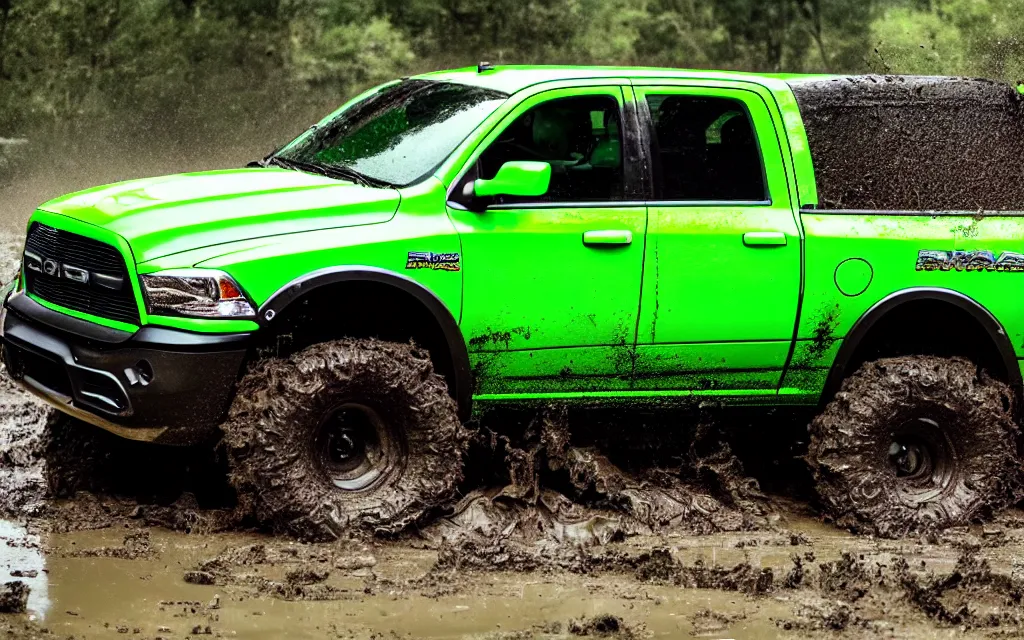 Prompt: Ultra HD Photo of a Neon Green Dodge Ram Truck driving through mud