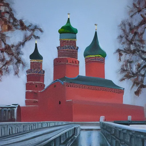 Image similar to chinese - style kremlin and chinese st. basil's cathedral on wide stone square at sawn, portrait of mao on the kremlin, gentle dawn, realistic painting