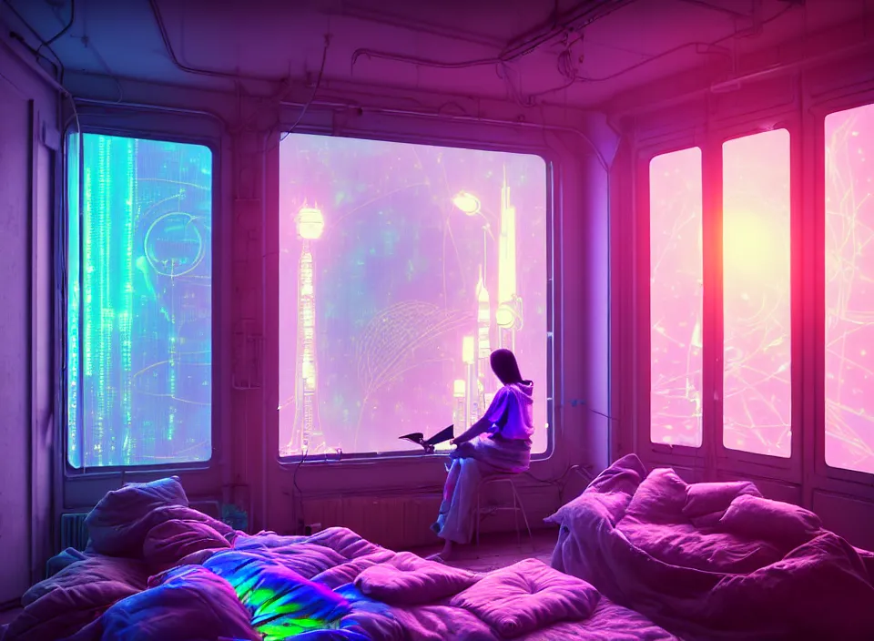 Prompt: telephoto photograph depicting the experience of acceptance in a cosy cluttered french sci - fi ( art nouveau ) cyberpunk apartment in a pastel dreamstate art cinema style. ( iridescent terrarium!, computer screens, window ( city ), leds, lamp, ( ( ( terrarium bed ) ) ) ), ambient light.