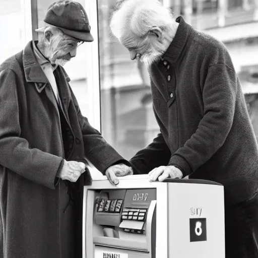 Image similar to B&W photo of an old man looking for help as his hand is stuck in an ATM