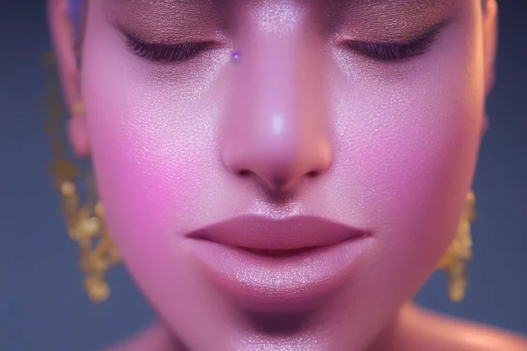 Image similar to a pink diamond with a womans face, cinematic lighting, ray tracing, unreal engine 5, photorealistic, 8 k, uhd, extremely detailed, beautiful, elegant, intricate, foggy, golden ratio, medium close - up, perfect composition, dramatic, medium close - up, film still