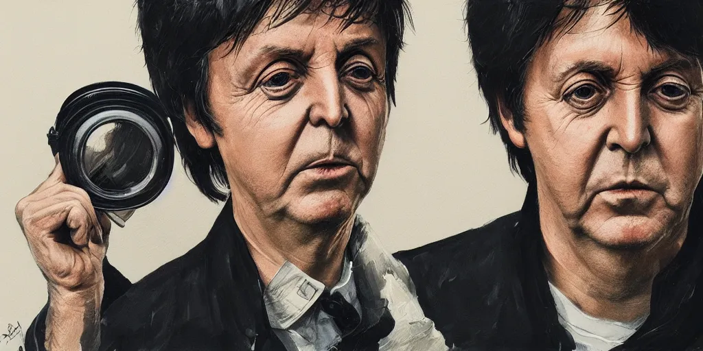 Prompt: Paul McCartney portrait, kim jung gi style, Greg Rutkowski, Zabrocki, Karlkka, Jayison Devadas, trending on Artstation, 8K, ultra wide angle, zenith view, pincushion lens effect