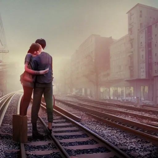 Image similar to two young lovers holding each other for the last time before they leave for war, many waiting trains, train station, lines of waiting soldier, sunset, mist, 4 k, luminist style, matte painting, artstation