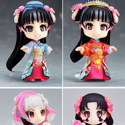 Prompt: cute and gorgeous asian girl in a pretty intricate chinese dress, beautiful symmetrical eyes, nendoroid face symmetry