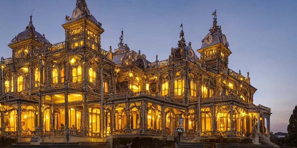 Image similar to extremely detailed ornate stunning sophisticated beautiful elegant victorian museum exterior by Henry Young Darracott Scott and Francis Fowke, stunning volumetric light, stainless steal, concrete, translucent material, beautiful sunset, tail lights