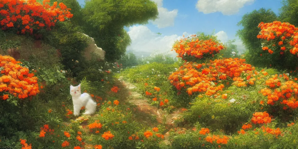 Image similar to orange fluffy cat with flowers growing near, Thomas Cole, artgem, Tyler Edlin and Jean Delville, wide angle, minimalistic, highly detailed, masterpiece