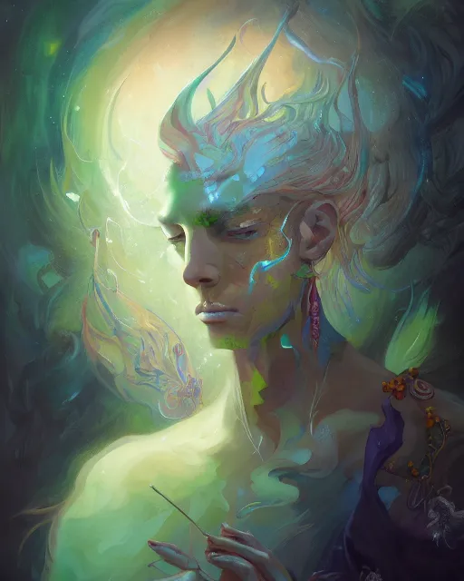 Prompt: beautiful portrait of a psychedelic shaman, by pete mohrbacher and artgerm and wlop, digital art, highly detailed, intricate, fantasy, mystical, Trending on Artstation HQ, deviantart, unreal engine, 4K UHD image