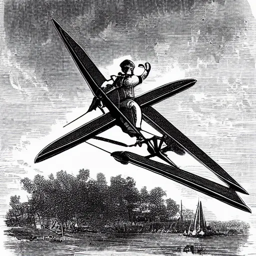 Image similar to futuristic lighter than air flying machine, 1870s lithographic print