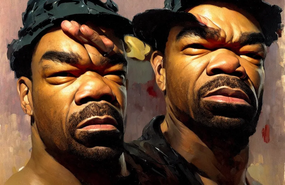 Image similar to portrait of method man!!!!!!!!!!!!!!!!!!!!!!!!!!!, detailed face, detailed painting,, epic lighting, by ilya repin, phil hale and kent williams