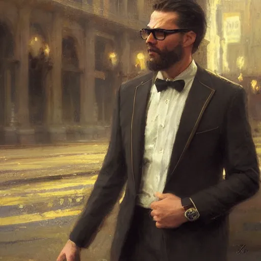 Prompt: detailed cinematic wide shot of sucession cousin greg black suit with glasses smooth, sharp focus, ultra realistic, spring light, painting by gaston bussiere, craig mullins, j. c. leyendecker