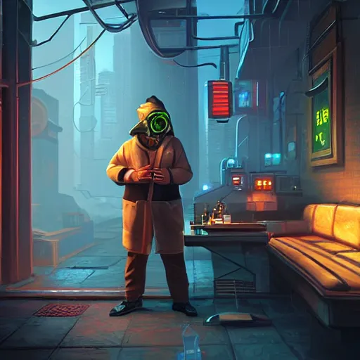 Image similar to An android smoking a cigar in a cyberpunk setting by Evgeny Lushpin, trending on Artstation, unreal engine