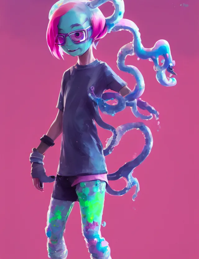 Prompt: a beautiful fullbody portrait of a cute splatoon male inkling with pink hair wearing tshirt leggings under sport shorts. character design by cory loftis, fenghua zhong, ryohei hase, ismail inceoglu and ruan jia. artstation, volumetric light, detailed, photorealistic, fantasy, rendered in octane