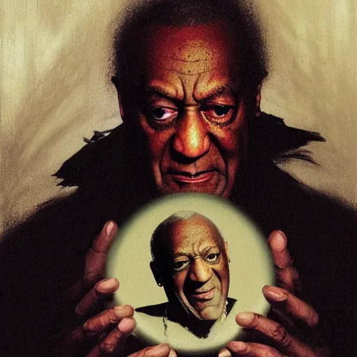 Image similar to hyperrealistic portrait of bill cosby as a vampire witch in a black coat holding a human skull as a crystal ball. by jeremy mann and alphonse mucha, fantasy art, photo realistic, dynamic lighting, artstation, poster, volumetric lighting, very detailed faces, 4 k, award winning