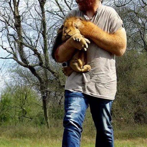 Image similar to a human taking his pet lion for a walk