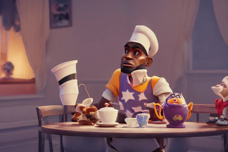 Image similar to lebron james solemn at tea party, melancholy, still from a pixar movie, high quality 3 d render, movie, pixar, renderman, 4 k, artstation