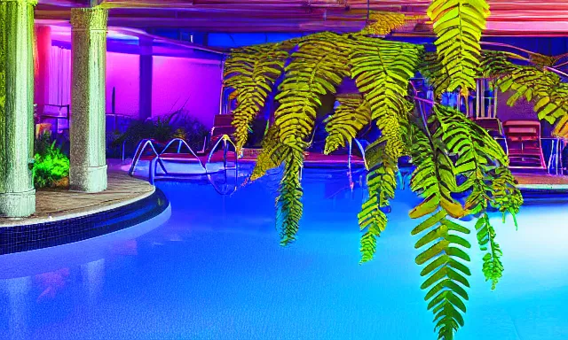 Image similar to indoor pool with ferns and palm trees at night, pool tubes, chromatic abberation, dramatic lighting, depth of field, 80s photo