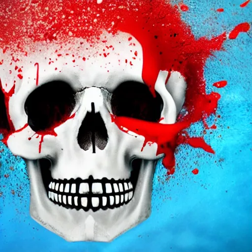 Prompt: skull in a pool of blood with blood splatter on the skull