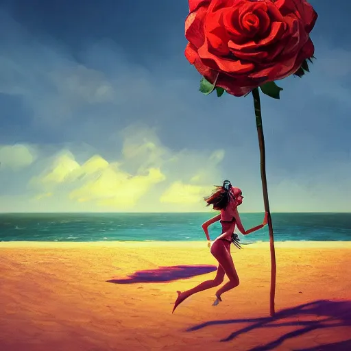 Image similar to portrait, giant rose flower head, woman running at the beach, surreal photography, sunrise, blue sky, dramatic light, impressionist painting, digital painting, artstation, simon stalenhag