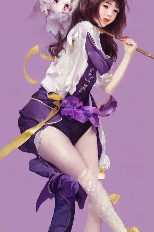 Prompt: Full View of Eunha from Viviz and gFriend making a cute face with short hair wearing a purple military uniform and short puffy pants, white leggings, Golden Ribbon, and a billowy scarf. Rhythmic gymnastics poses. masterpiece 4k digital illustration by Ruan Jia and Mandy Jurgens and Artgerm and greg rutkowski, award winning, Artstation, art nouveau aesthetic, Alphonse Mucha background, intricate details, realistic, panoramic view, Hyperdetailed, 8k resolution, intricate art nouveau