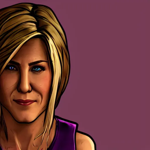 Image similar to jennifer aniston portrait, borderlands, tales from the borderlands, the wolf among us, comic, cinematic lighting, studio quality, 8 k