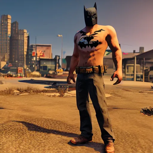 Prompt: trevor philips ( gta 5 ) as batman, town of sandy shores ( gta 5 ) in background. unreal engine 5, 4 k, high quality