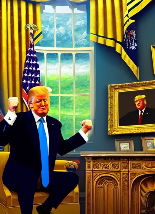 Prompt: donald trump showing fist in oval office, backround dark, highly detailed, digital illustration, trending in artstation, modern painting, smooth, sharp focus, intricate, einar jonsson, ilya repin