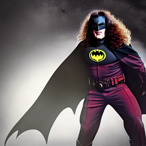 Image similar to A movie still of Weird Al Yankovic as Batman, dynamic lighting, 8k, Heroic Pose, 2022 picture of the year