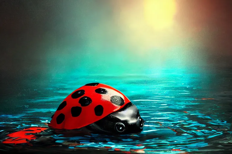 Image similar to ladybird swimming in a pool of water, sunset, evening light, cinematic, fantasy art, trending on artstation, highly detailed, digital painting, volumetric light