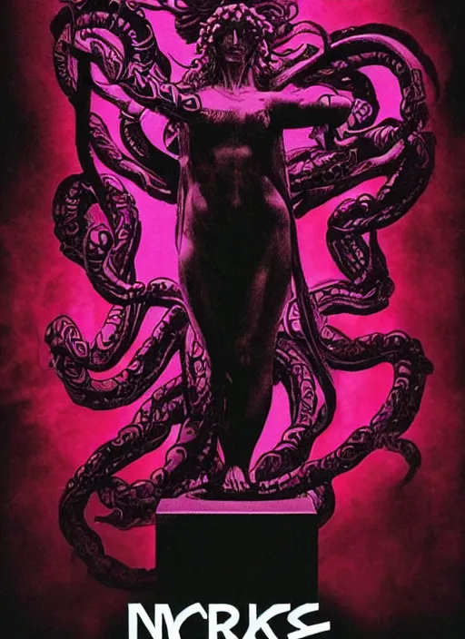 Prompt: dark design poster showing a statue of medusa, black background with very subtle red and purple design elements, powerful, ominous, nekro, guido crepax, thin straight lines, dark, glitch art, neo vaporwave, gritty, layout frame, square, trending on artstation