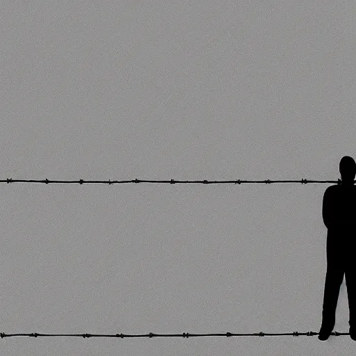 Image similar to a man in front of a high wire fence, minimalist, dystopian art