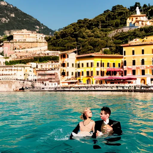 Image similar to Photostock of the honeymoon in Italy of a chic woman in Gucci with an enormous sea monster