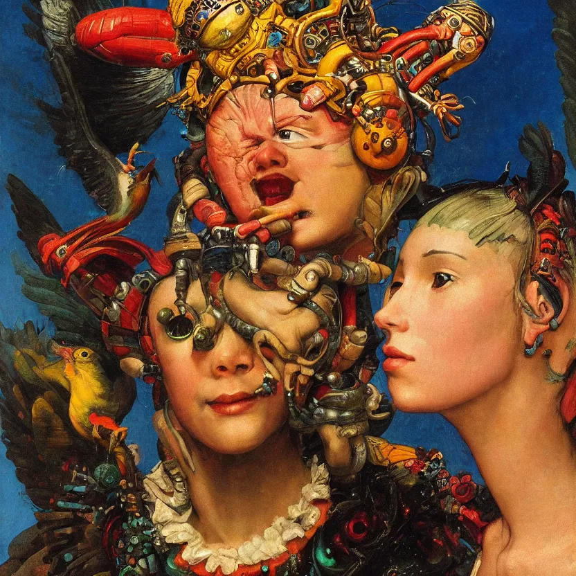 Prompt: a baroque close - up portrait of a whimsical alien wearing a colorful futuristic aztec headset, holding a bird. black background. highly detailed science fiction fantasy painting by norman rockwell, moebius, frank frazetta, syd mead, and sandro botticelli. high contrast. renaissance masterpiece. artstation