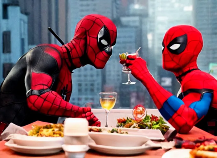 Image similar to film still of Deadpool and Spiderman having a romantic dinner in the new Spiderman movie, 4k