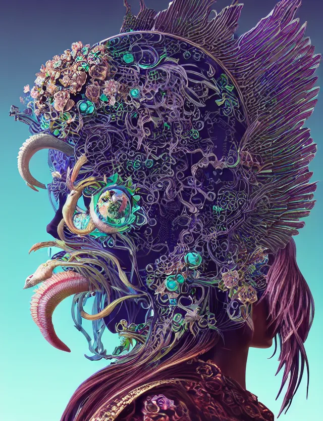 Image similar to 3 d goddess close - up profile solarpunk portrait ram skull. beautiful intricately detailed japanese crow kitsune mask and clasical japanese kimono. betta fish, jellyfish phoenix, bio luminescent, plasma, ice, water, wind, creature, artwork by tooth wu and wlop and beeple and greg rutkowski