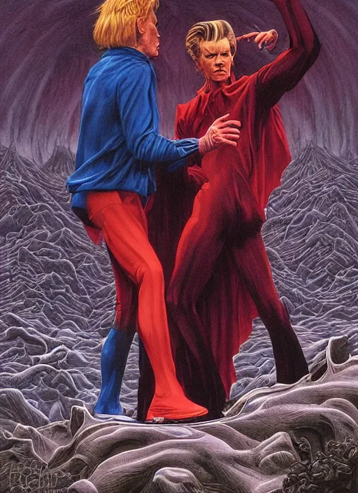 Prompt: twin peaks poster art, david bowie fighting his doppelganger gemini good and evil fantasy by, wayne barlowe, old retro pulp, by michael whelan, rossetti bouguereau, artgerm, nostalgic, old fashioned