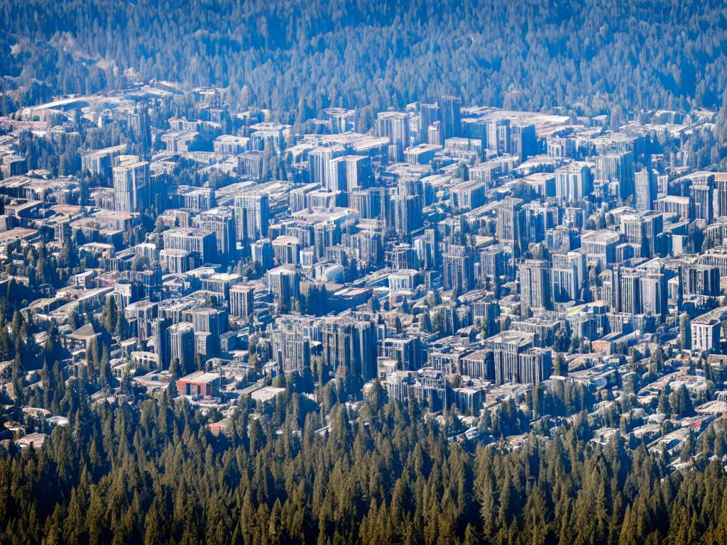 Image similar to bird's eye view photo of a metropolis highrise city, redwood forest separating from industrial district