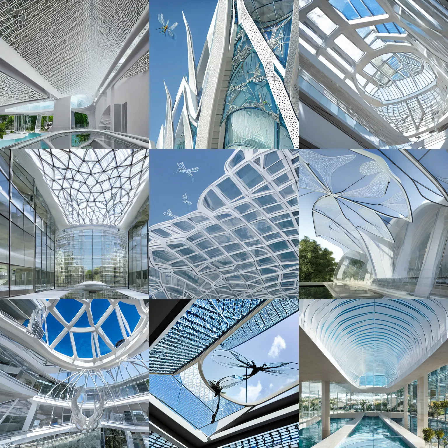 Prompt: architecture looks like a dragonfly, beautifully bright white, 8k, ultra detailed, ultra realistic, glass, canopies, inspiring, crescendo