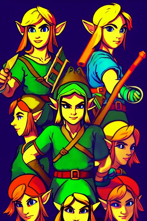 Image similar to legend of zelda nimbus quartet. pop art, no duplicate image, glowing lights, ultra details, digital painting, artstation, concept art, smooth, sharp focus, illustration, intecrate details, art by richard hamilton and mimmo rottela, pixels art by paul robertson