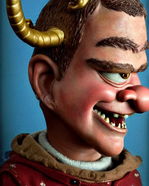 Image similar to highly detailed closeup, face profile portrait of a tin toy matt damon as a medieval demon with horns eating cakes in a castle, hyper realistic, artstation, illustration, nicoletta ceccoli, mark ryden, lostfish, dan decarlo, bob clampett, max fleischer, digital paint, matte paint, vivid colors, detailed and intricate environment