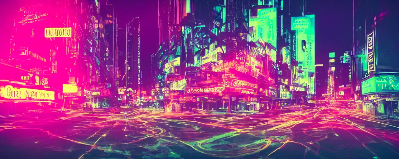 Prompt: night city, neon lights, glow signs , retrowave style, sunset