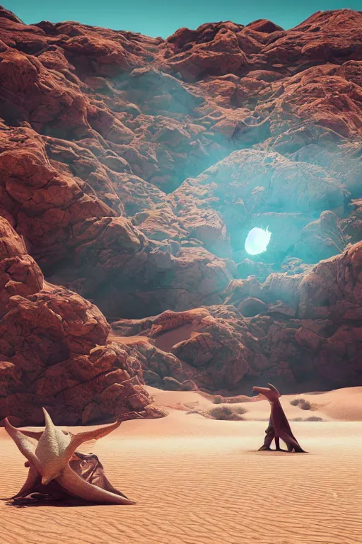 Image similar to 🦕 🐋🤖👽🐳 in desert, photography by bussiere rutkowski andreas roch, octane render, 1 6 k