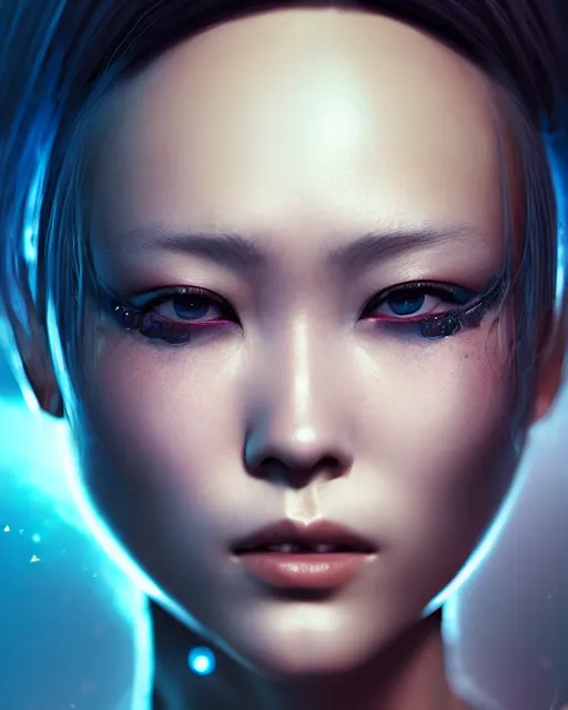 Image similar to detailed portrait Rinko Kikuchi, solarpunk futuristic utopia, scifi android, hair made of stars, by Darren Bartley Wojtek Fus Frederic Bennett, Perfect face, fine details, realistic shaded, fine-face, pretty face