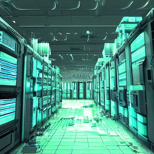 Image similar to “looking out over a 3D model of a cyberpunk city. Scene rendered inside of a large server room. The computer servers are actually the buildings in the city.”